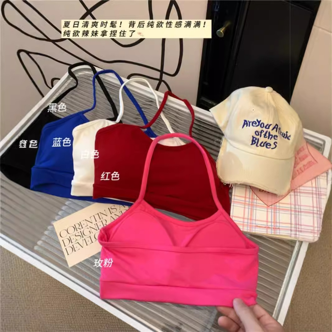 Beach vacation style sexy backless halter top with bra pads, perfect for summer wear, fitted waist, short style.