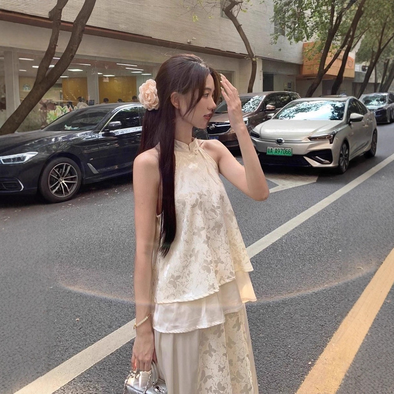New Chinese Style National Style Cheongsam Cool Feeling Zen Wearing a Set of Hanging Neck Top Half Skirt suit Women's Summer