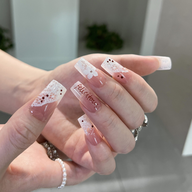 Lace English decorative square press-on nails, 30 pieces, new nude pink, simple and gentle style, suitable for commuting, enhances skin tone, fake nails Lace English decorative square press-on nails, 30 pieces, new nude pink, simple and gentle style, suitable for commuting, enhances skin tone, fake nails