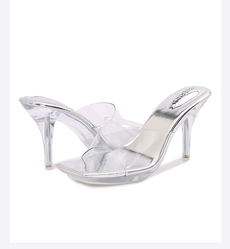 Dép sandal nữ mũi vuông trong suốt gót nhọn hở gót phong cách Âu Mỹ — Màu bạc, Màu hồng, Màu mơ, Màu trắng chi tiết 44