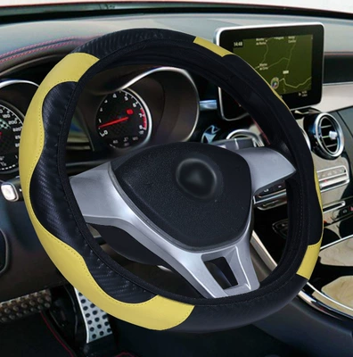 elastic carbon fiber leather four — Steering wheel cover - black-yellow-38cm