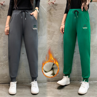 2022冬季新款加绒加厚运动裤宽松大码哈伦裤女刺绣字母休闲女卫裤|ru