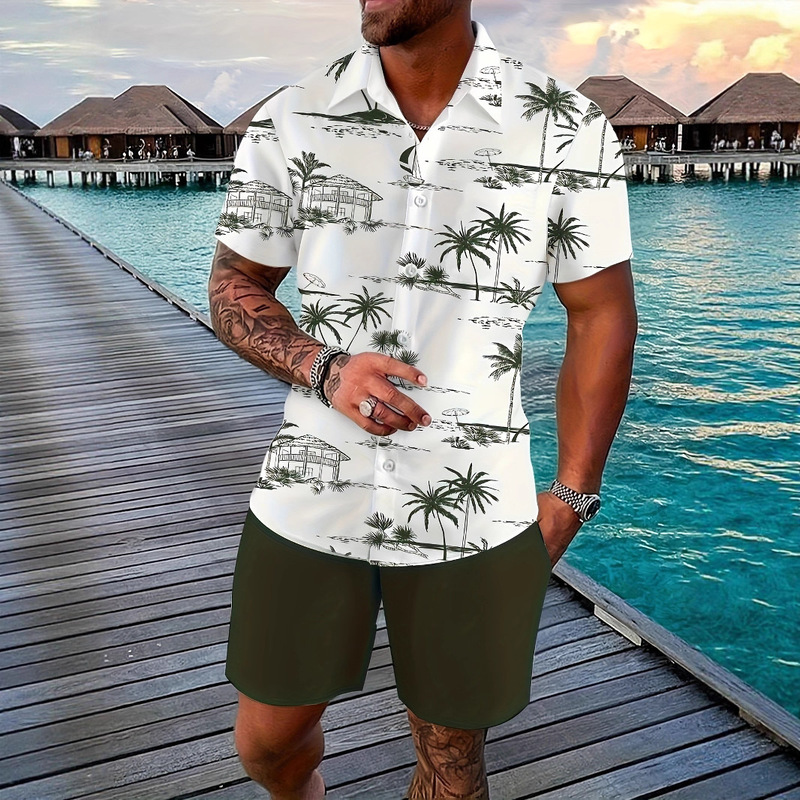 Cross-Border Foreign Trade Men's New Summer Fashion Set Palm Tree Resort Pattern Short-Sleeved Shirt and Shorts Set