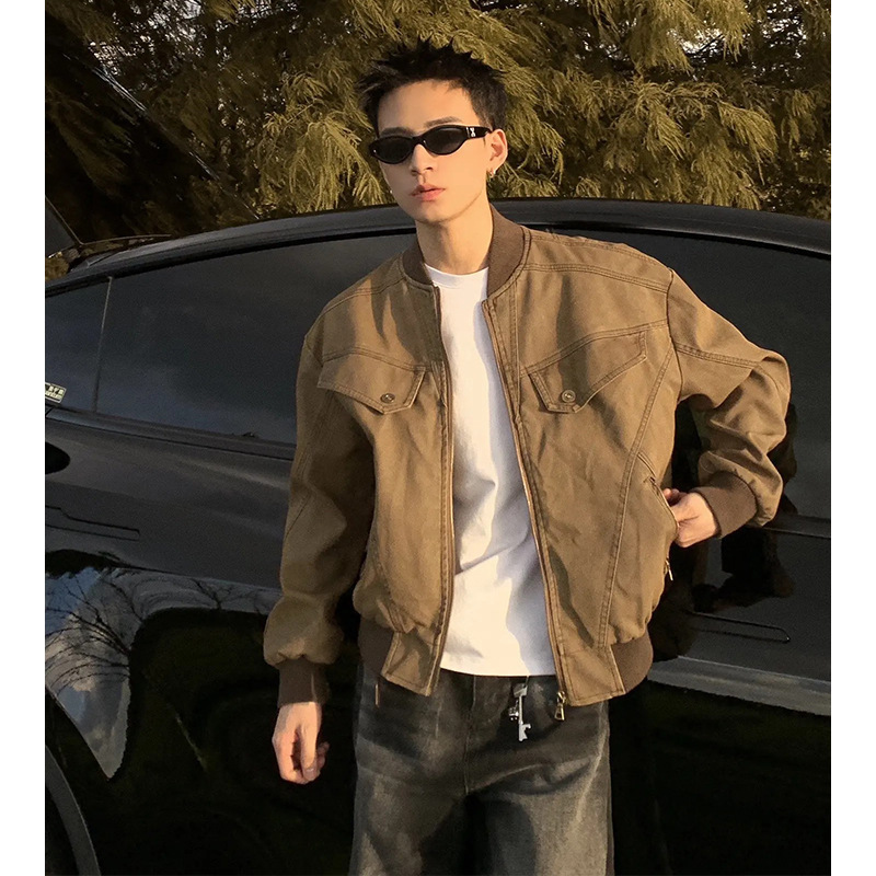cleanfit棕色短款哈灵顿夹克美式复古工装外套男潮牌飞行员棒球服|undefined