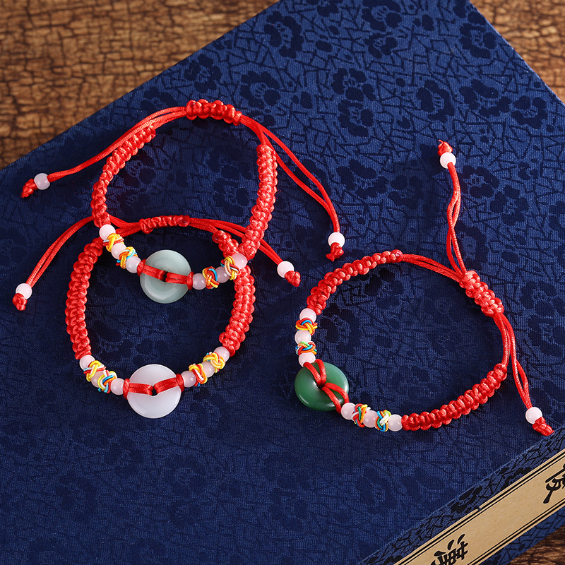 Hand-Woven Red String Bracelet with Imitation Jade Coins for the Zodiac Year, Ethnic Style, Personalized Safety Buckle, Wholesale Geometric Artistic Retro
