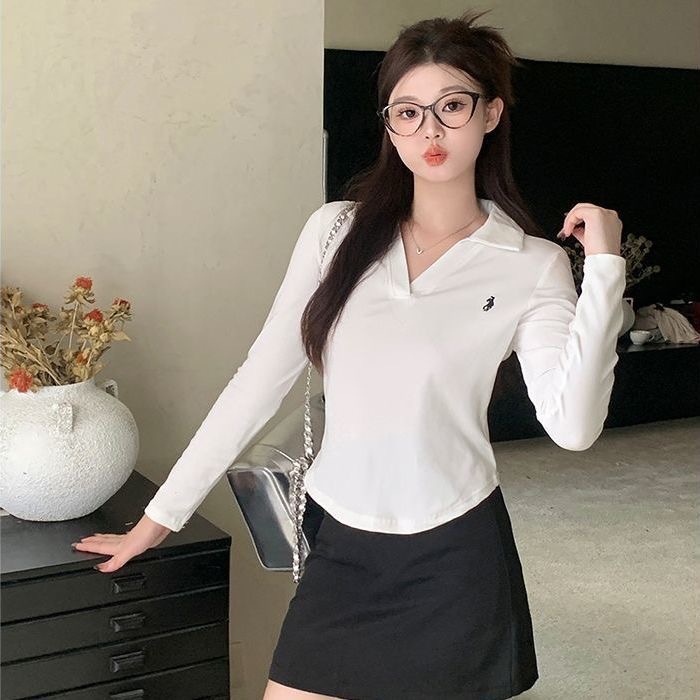 Women's Slim Fit Embroidered Base Layer T-Shirt Long Sleeve Collared Design Off-Shoulder Top For Autumn Winter Unique Style_voghion.com