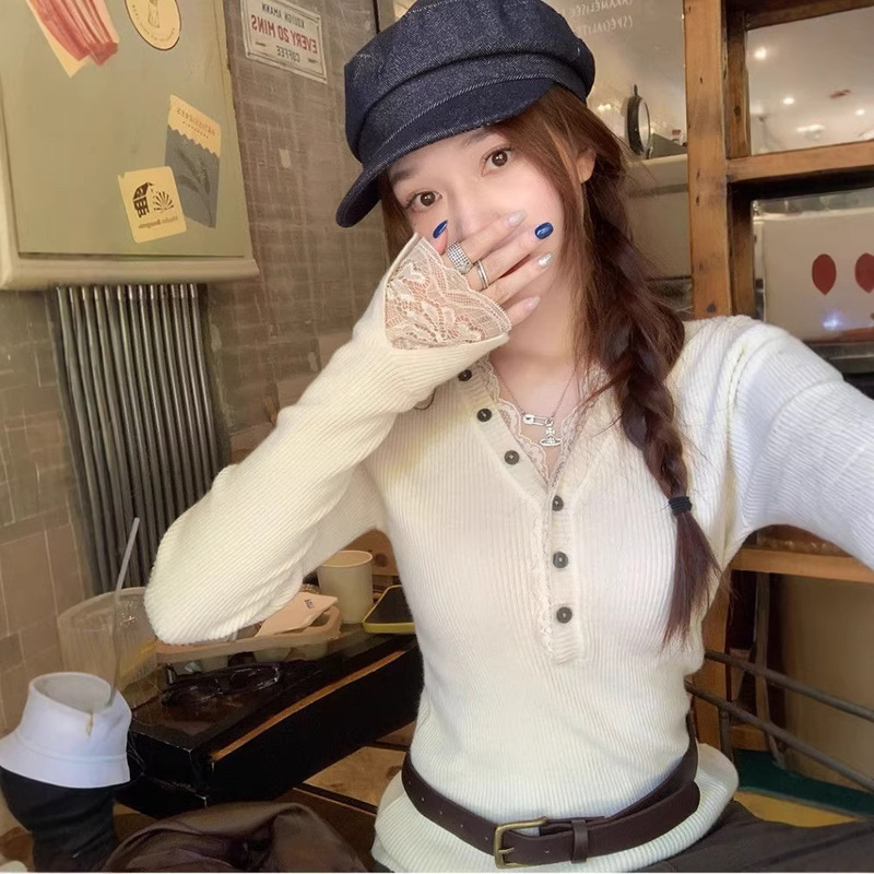 Apricot-Colored High-End and Super Stylish Knit Sweater for Women, New Autumn and Winter Lace Patchwork Sweater with V-Neck and Buttons Apricot-Colored High-End and Super Stylish Knit Sweater for Women, New Autumn and Winter Lace Patchwork Sweater with V-Neck and Buttons