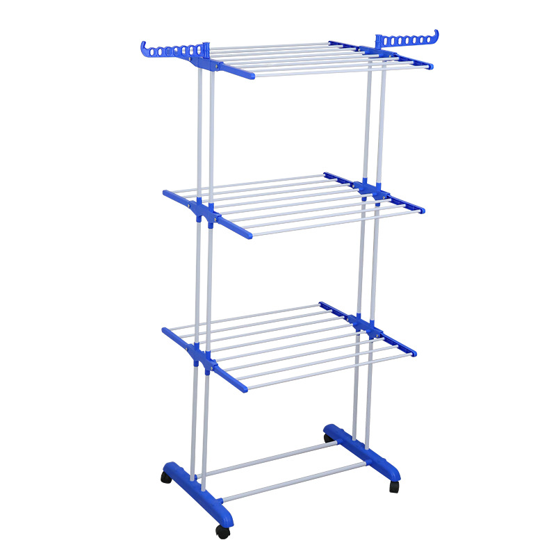 Transfronteriza venta directa doble barra interior estante de almacenamiento móvil ala de almacenamiento de piso de tres capas plegable suelo percha de secado de ropa image 6