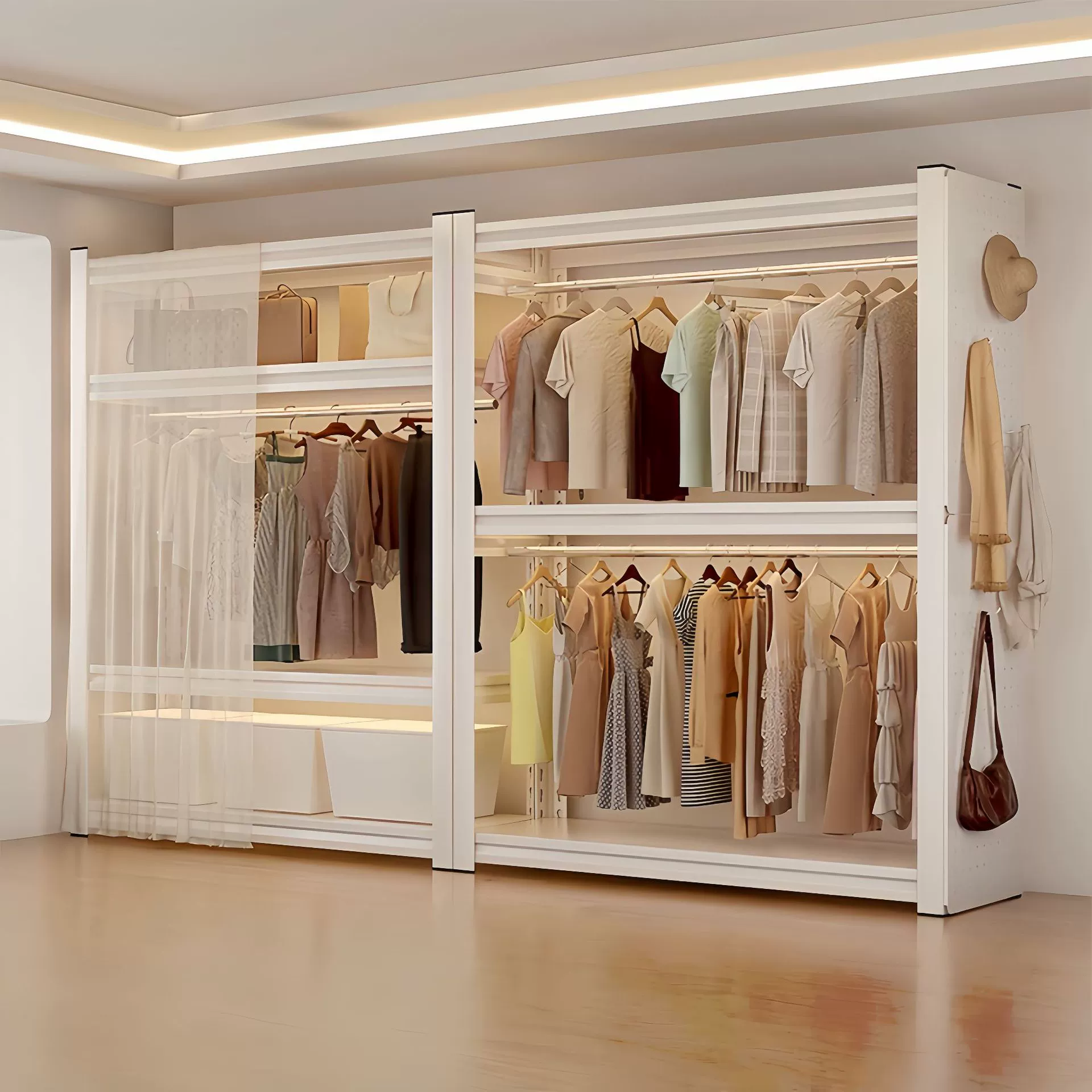 Полка для гардероба, вешалка для одежды, пылезащитная занавеска, открытая гардеробная, спальня, простой угловой стальной бытовой напольный многослойный стеллаж для хранения