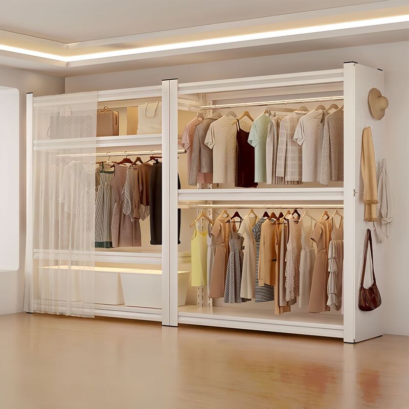 Shelves, Wardrobe Hangers, Dust-Proof Curtains, Open-Style Walk-In Closet, Simple Angle Steel Rack for Bedroom, Household Floor-Standing Multi-Layer Storage Rack