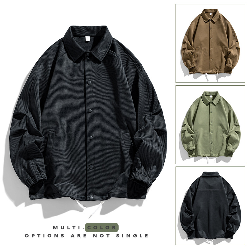 Schwere Herren-Twilljacke – Lässiger Mantel mit Vintage-Kragen, Seitentaschen, winddichte Polyester-Oberbekleidung für Frühling und Herbst_voghion.com