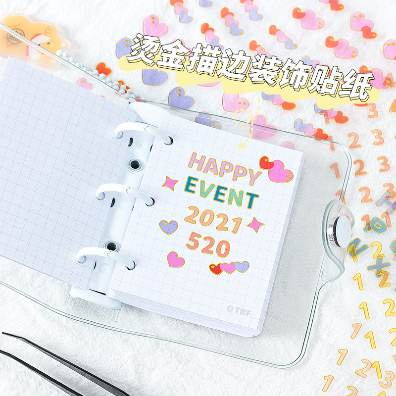 Golden Edge letras inglesas y números pegatinas de dibujos animados Pegatinas transparentes DIY mano cuenta color dorado material decorativo pegatinas