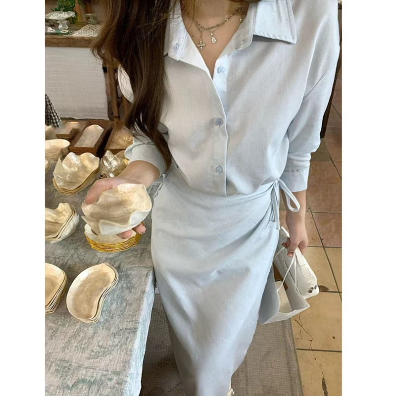 御姐风简单大方感穿搭蓝色收腰系带衬衫连衣裙女2025新款秋季|undefined