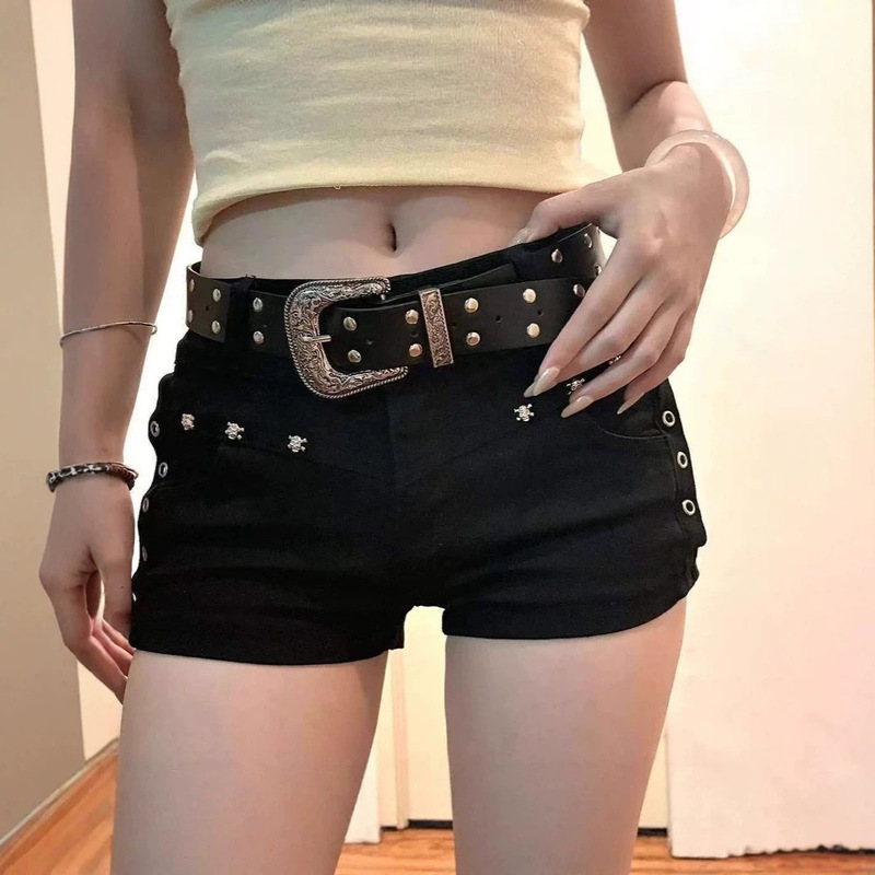 Black low-waist denim ultra-short shorts for women, summer Y2K American style, sexy and trendy, stretchy, slimming, hip-hugging hot pants