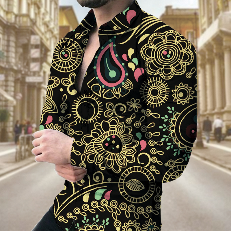 Spring And Autumn New European And American Men's Long Sleeve Shirt Casual Printed Shirt_viptrois.com