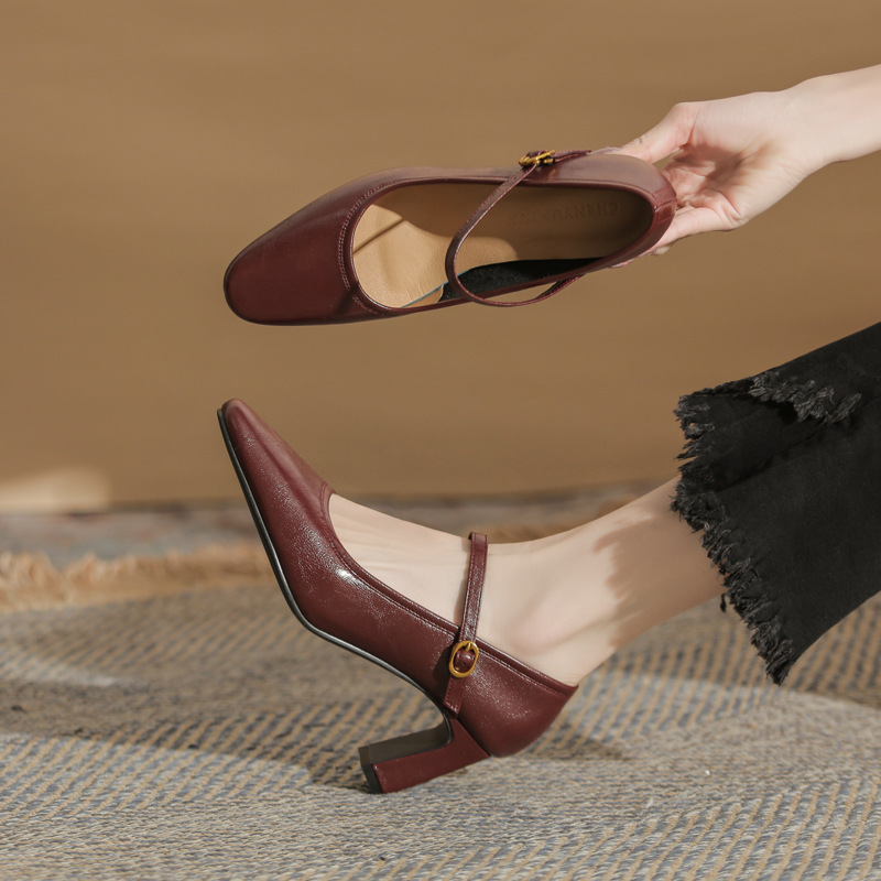 Sheepskin Black High-Heeled Shoes 2026 Spring Season Single-Strap Chunky Heel Mary Jane Shoes Sheepskin Soft Sole Chunky Heel Shoes