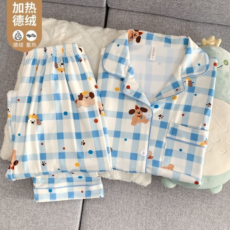 Al por mayor transfronterizo otoño y invierno explosión de ternilla caliente pijama de manga larga mujer traje dulce cardigán de dibujos animados con solapa ropa para el hogar