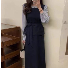 2025秋季新款韩系女洋气减龄百搭显瘦时尚套装假两件长裙两件套