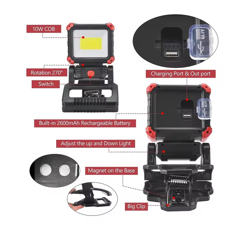 Cross-Border New Model Cob Work Light with Magnet, Automotive Repair Inspection Light, Multi-Functional Strong Lighting Lamp, Rotating Clip Light