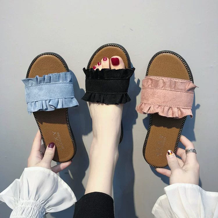 2018 весна и лето новые корейские кружевные тапочки плоские каблуки повседневные женские сандалии