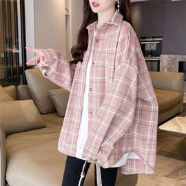 时尚磨毛格子衬衫外套女韩版宽松春秋新款百搭休闲洋气外搭上衣