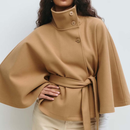 European and American women's clothing autumn and winter new style Amazon cross-border fashion solid color cape standing collar button belt windbreaker outer