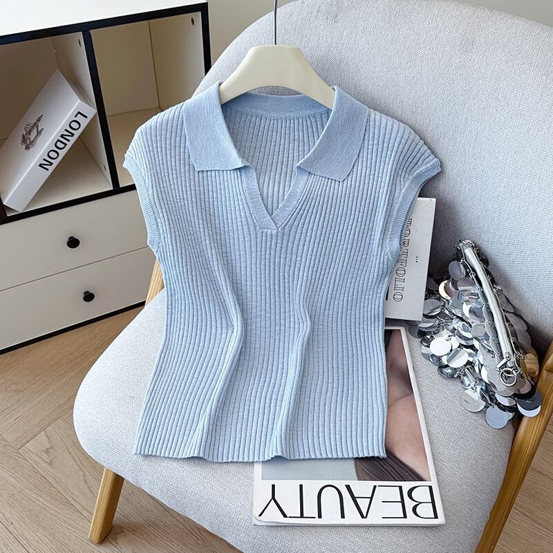 2026 Summer New Design Ribbed Tencel Linen Versatile Polo Collar T-Shirt Tencel Knit Top for Women 2026 Summer New Design Ribbed Tencel Linen Versatile Polo Collar T-Shirt Tencel Knit Top for Women