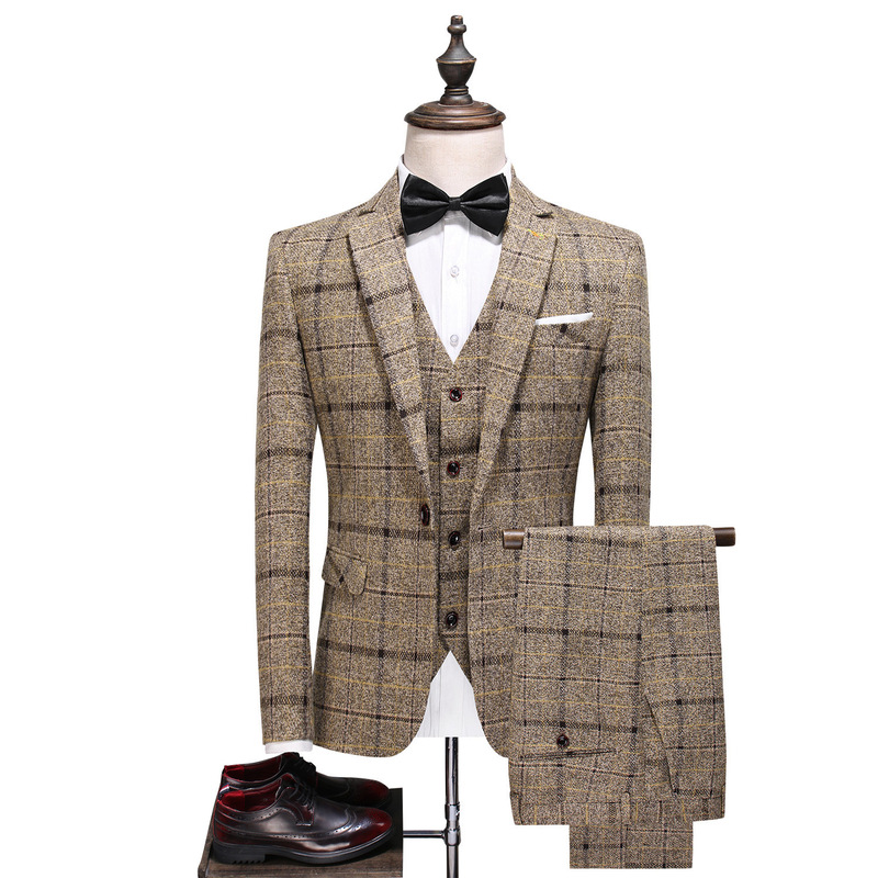 Men's suit suit three-piece Korean-style slim fit British casual trendy bridegroom wedding dress Plaid small suit men