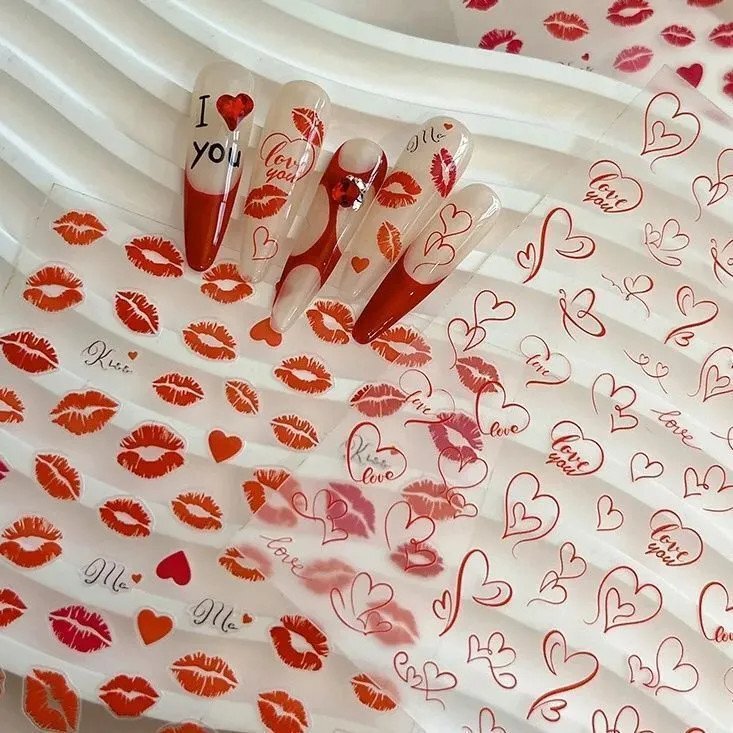 Xiaohongshu Same Style Flame Red Lip Nail Stickers Wholesale for Chinese Valentine's Day Embossed 3D Pure Desire Nails