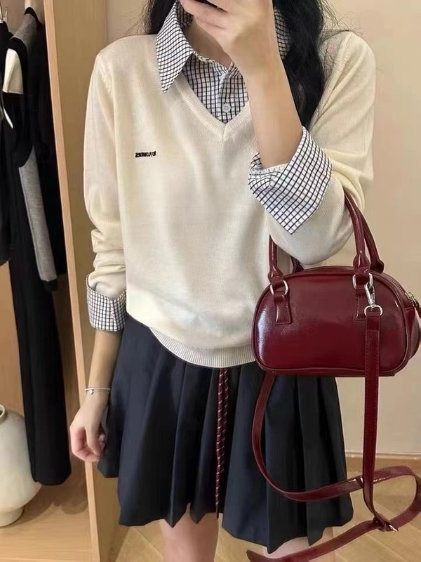 韓国風シンプルチェック柄シャツ襟長袖フェイクツーピースセータールーズ年齢軽減セーターレディースジャケット|undefined