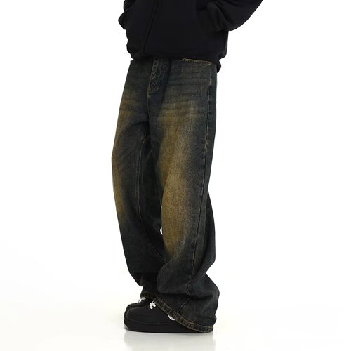 Vintage, washed jeans, men's, American high street, yellow mud dyed, mop mop daddy pants, street loose straight pants