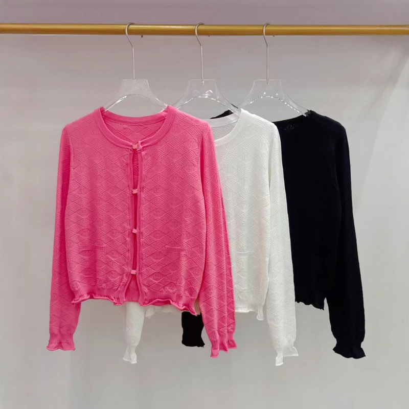 Diamond Button Decorated Ruffled Round Neck Diamond Pattern Letter Jacquard Long-Sleeved Knitted Cardigan Top Women's Commuter Sweater Short Style