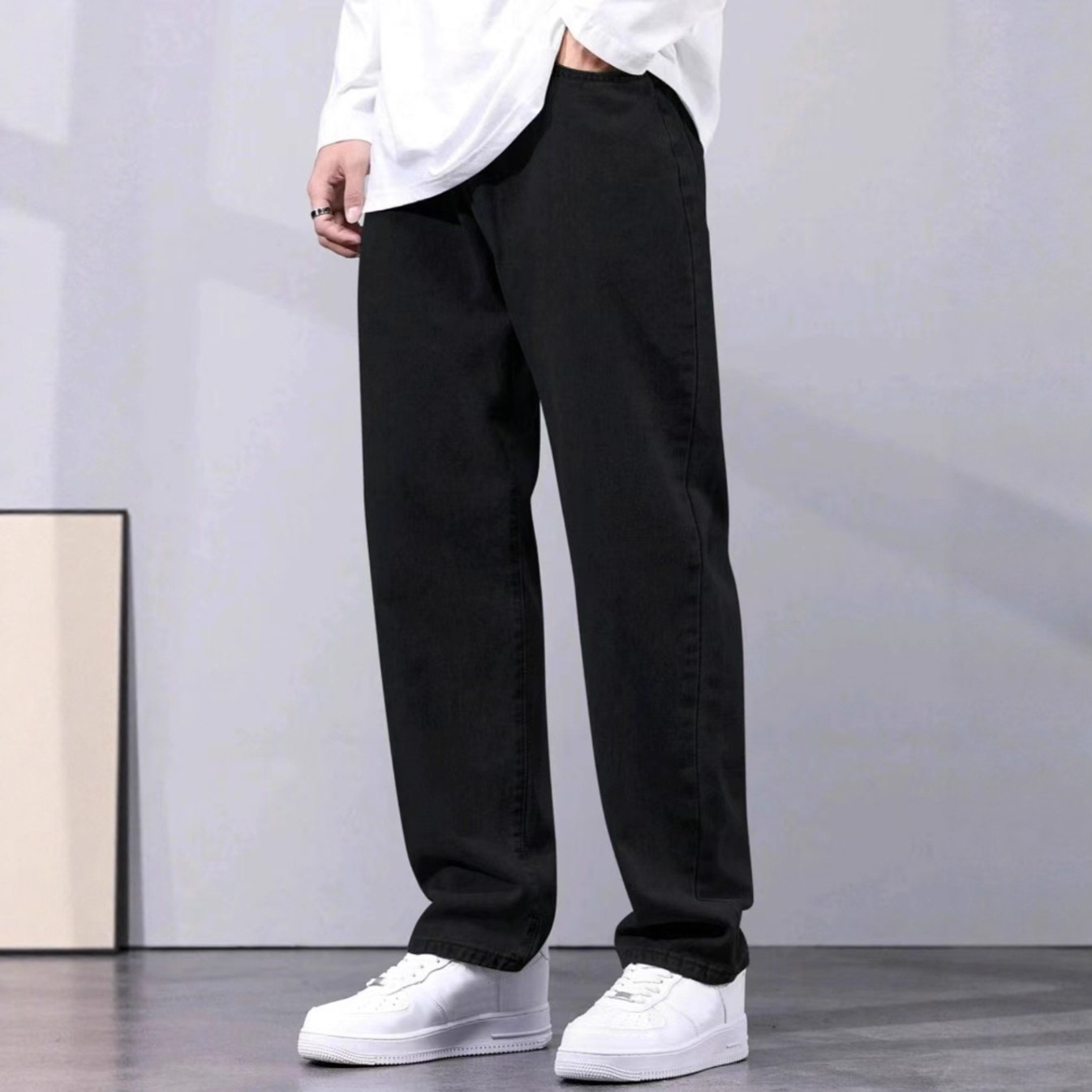 直通宽松牛仔裤 男式休闲长裤 水洗磨白直筒裤外贸代发基本款高腰