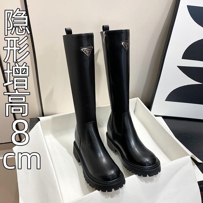2025 New Autumn and Winter Thick-Soled Inner Heightening No-Knee Boots for Women with Triangle Logo Slimming Look Tall Boots Knight Boots 2025 New Autumn and Winter Thick-Soled Inner Heightening No-Knee Boots for Women with Triangle Logo Slimming Look Tall Boots Knight Boots