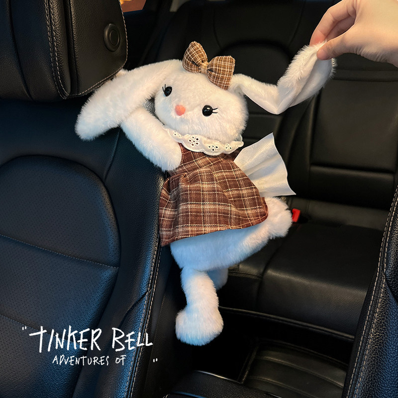Car-Mounted Tissue Box with a Creative and High-End Feel, Hanging Type, Cute Rabbit Design, In-Car Tissue Holder, Creative Doll Decoration Accessory