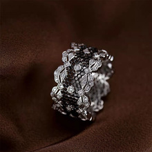 黑蕾丝戒指S925银镂空网状食指戒女款欧美风宽版镶钻仿真钻戒指