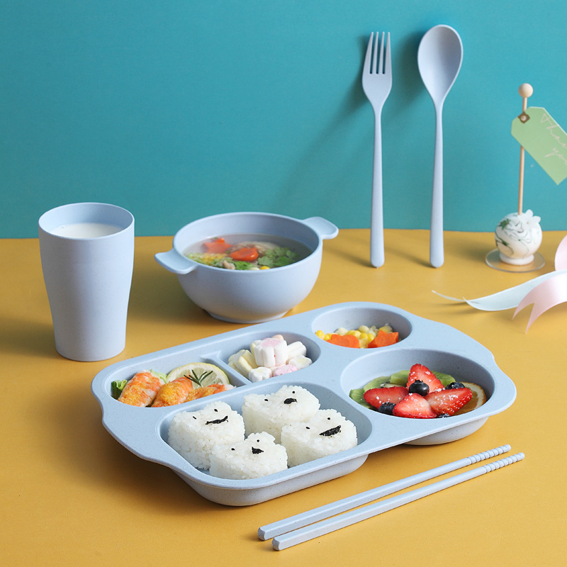 Wheat straw grid plate children's plate grid household kindergarten bowl with handle fork chopsticks Cup tableware suit