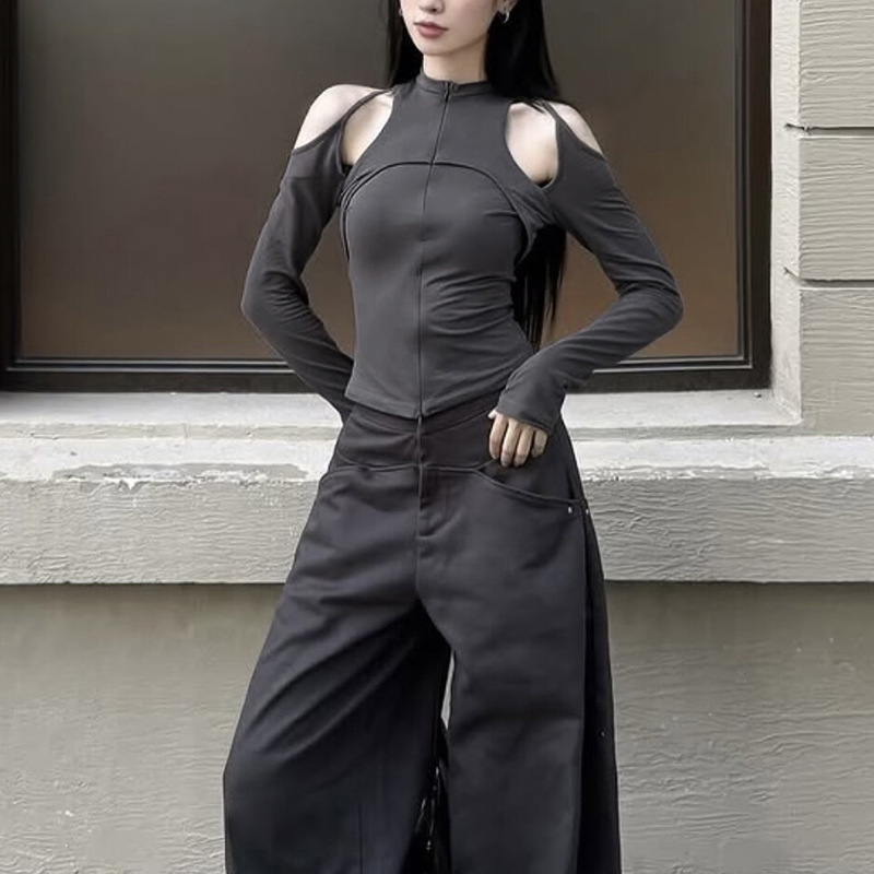 跨境欧美风2025秋季新款女装辣妹风镂空露肩显瘦开叉设计感上衣|undefined
