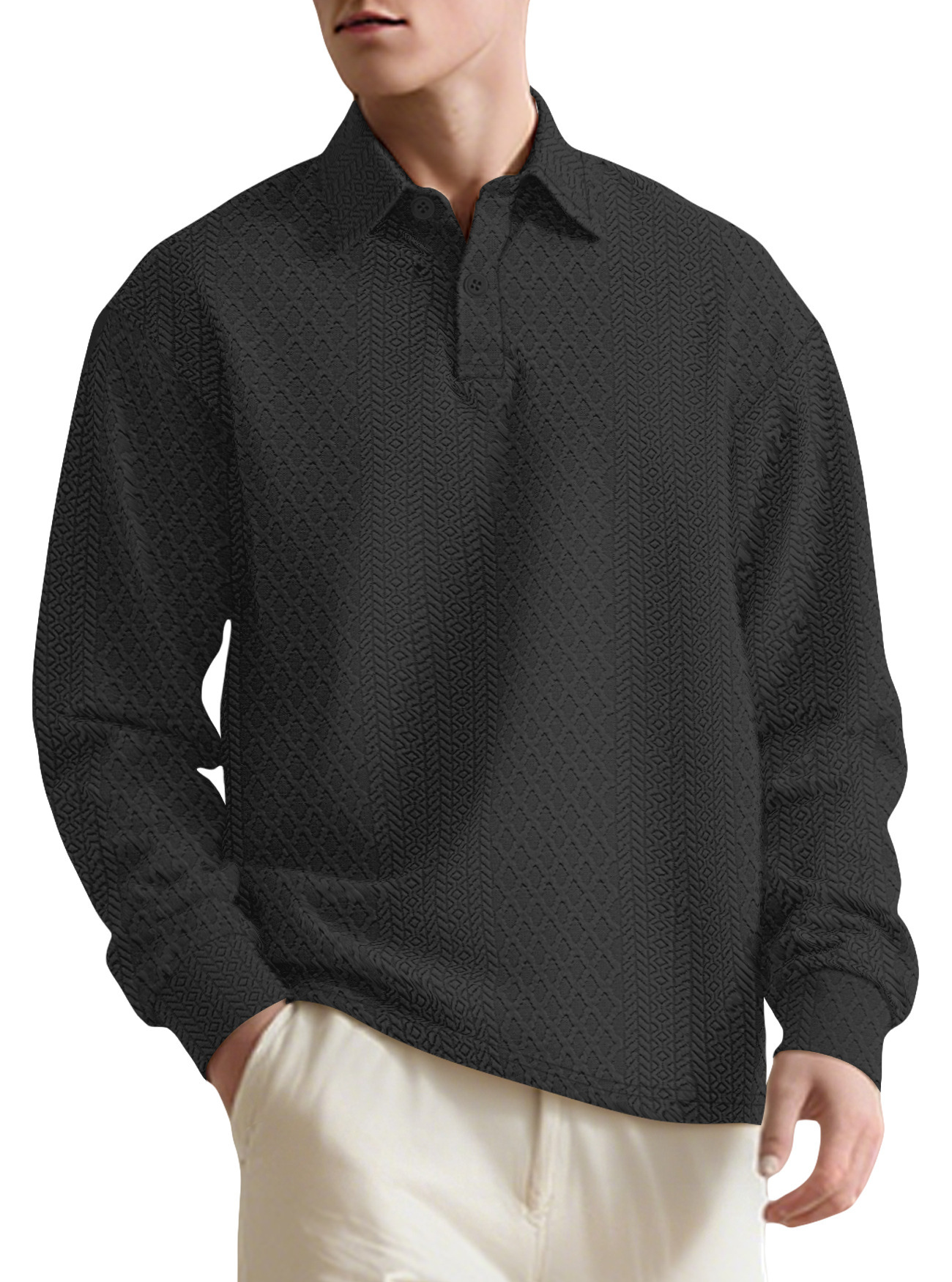 Textura transfronteriza Jacquard sólido hombre polo de manga larga comercio exterior Amazon botón nuevo cuello suelto camiseta hombre