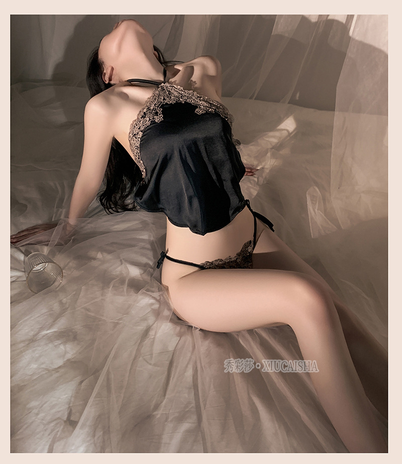 Retro Lace-up Bellyband Pajama Set with Matching Briefs, Wine Red Polyester — detail image 5