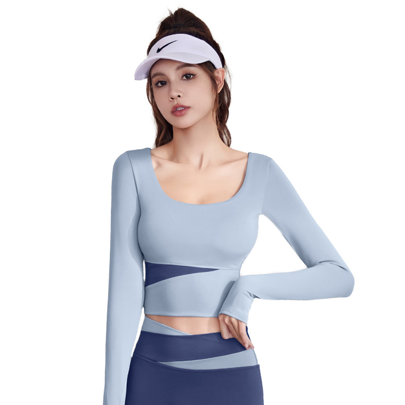 Juyitang terciopelo fino a juego de color manga larga nude adelgazante deportes corriendo fitness top mujer