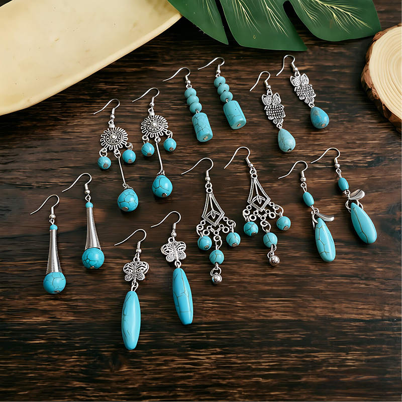 (Cross-border trading), ethnic turquoise long earrings, accessory, ethnic style, boho style, Chinese style