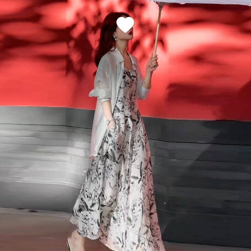 Fashionable Dress for Women, New Summer Style, Stylish and Slimming, Ice Silk Shirt Paired with a Suspender Skirt Two-Piece Set Fashionable Dress for Women, New Summer Style, Stylish and Slimming, Ice Silk Shirt Paired with a Suspender Skirt Two-Piece Set