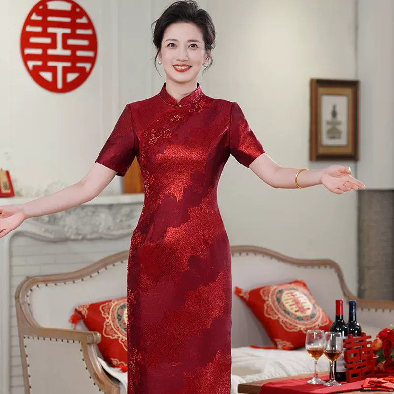 秋季新款旗袍中式改良酒红色喜婆婆旗袍修身显瘦复古妈妈装敬酒服