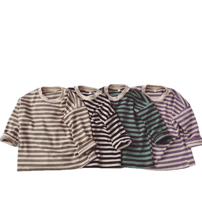 Otoño 2024 Camiseta de manga larga para niños Corea del Sur niños rayas retro cuello redondo suelta niños y niñas top