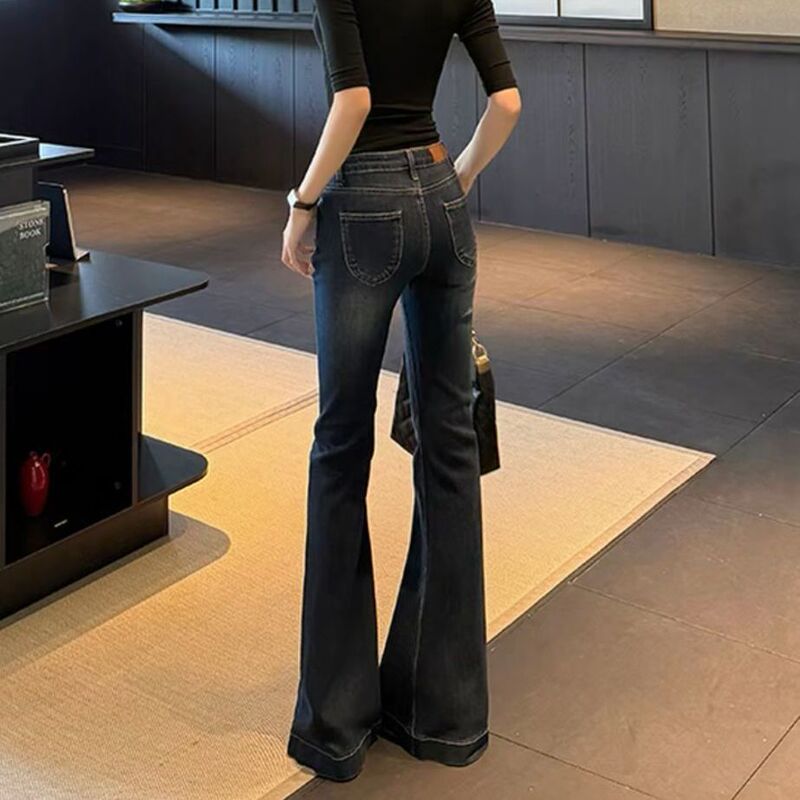 Extended 175cm Dark Blue Bootcut Jeans for Women 2025 Autumn and Winter Stretch Mid-Low Waist Horseshoe Pants Floor-Length Pants