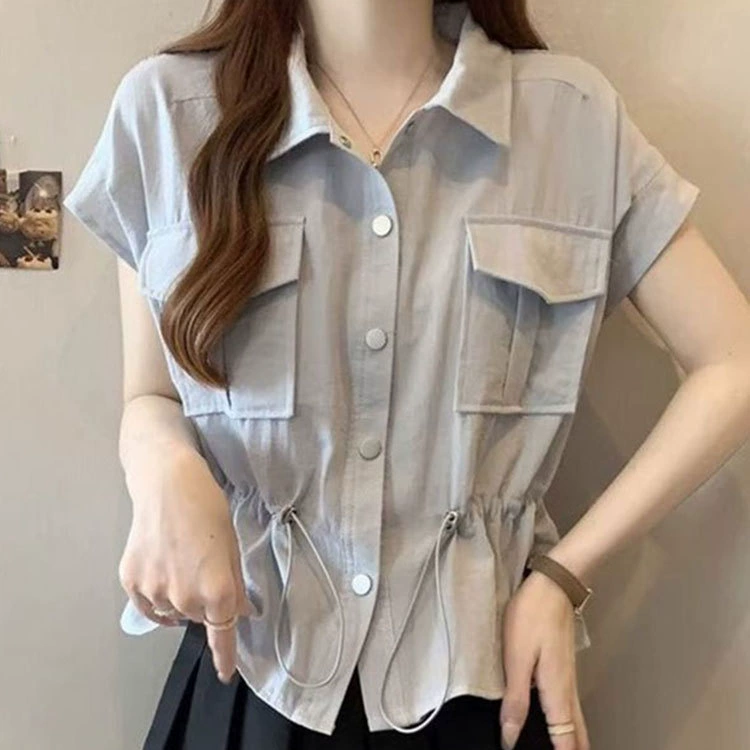 2025 новая летняя модная повседневная рубашка с короткими рукавами, женская свободная утягивающая тонкая простая рабочая одежда, топ на шнурке