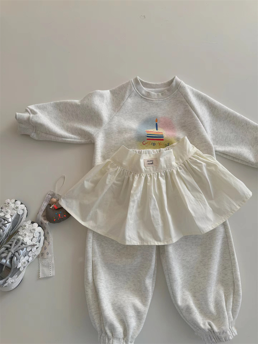 Pure cotton children's baby sweatshirt and sweatpants casual set, fashionable three-piece set with curtains for girls