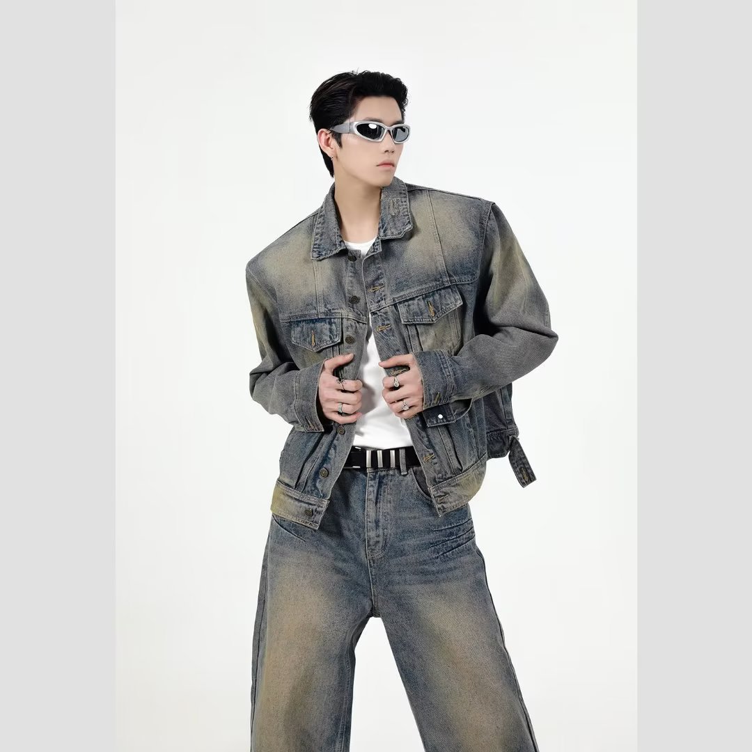 Americano retro nicho retro apenado lavado suelto abrigo Denim de alta calidad traje de Chaqueta corta conjunto completo de los hombres