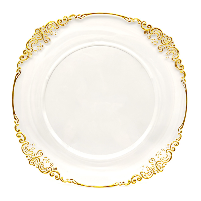 Foreign Trade Export Christmas Pet Gold-Edged Transparent Round Plastic Plate Hotel Decoration Serving Plate 13inch Ps Dinner Plate